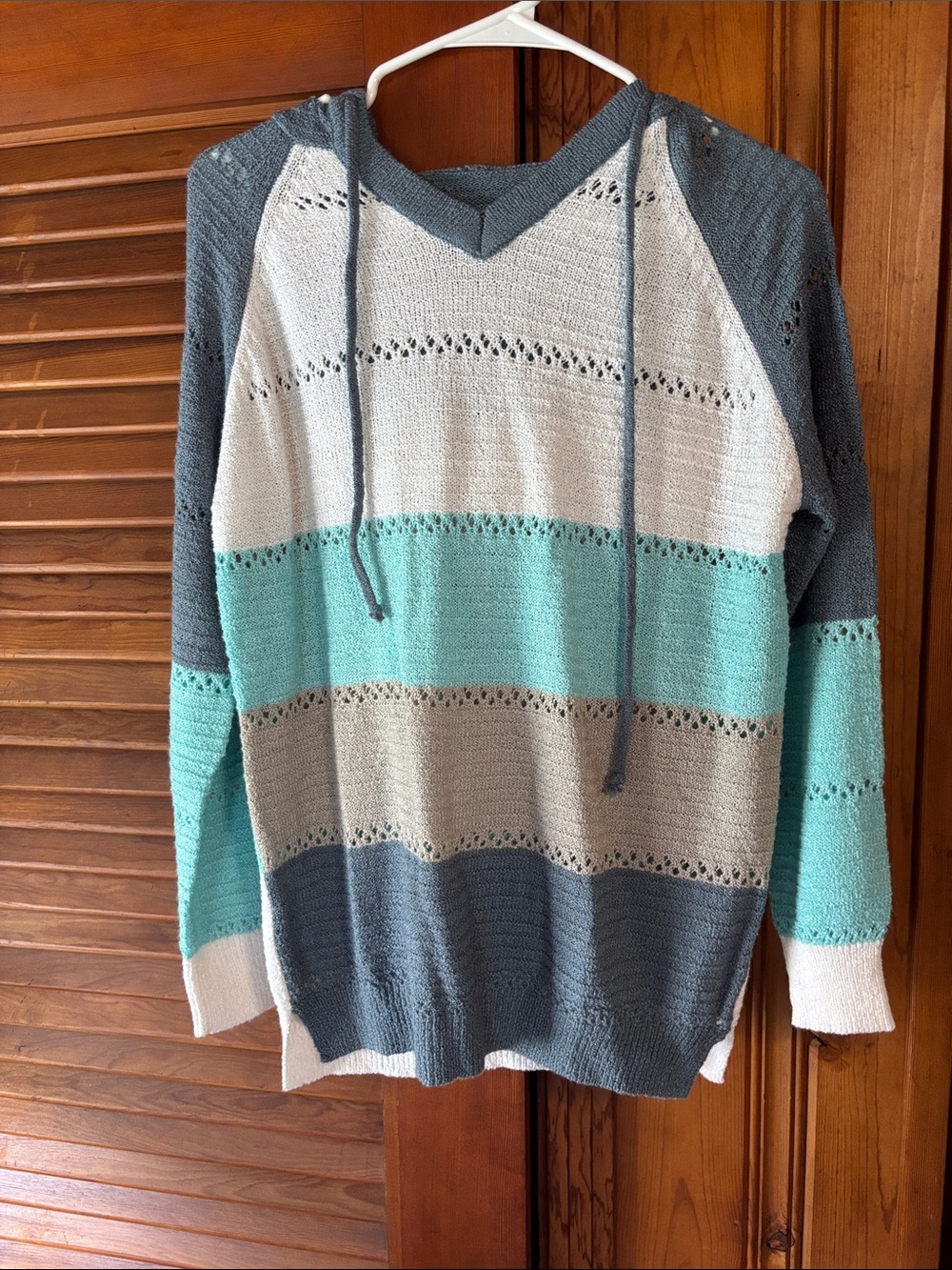 Striped V-Neck Hooded Sweater in Teal, Gray & Cream